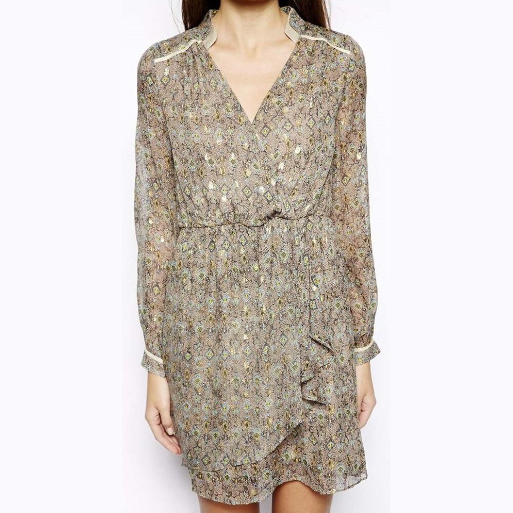 Aryn K Wrap Mini Dress with Metallic Thread in taupe